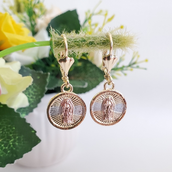 Tri Color Lady of Guadalupe Gold Plated Necklace and Earrings - Picture 5 of 7